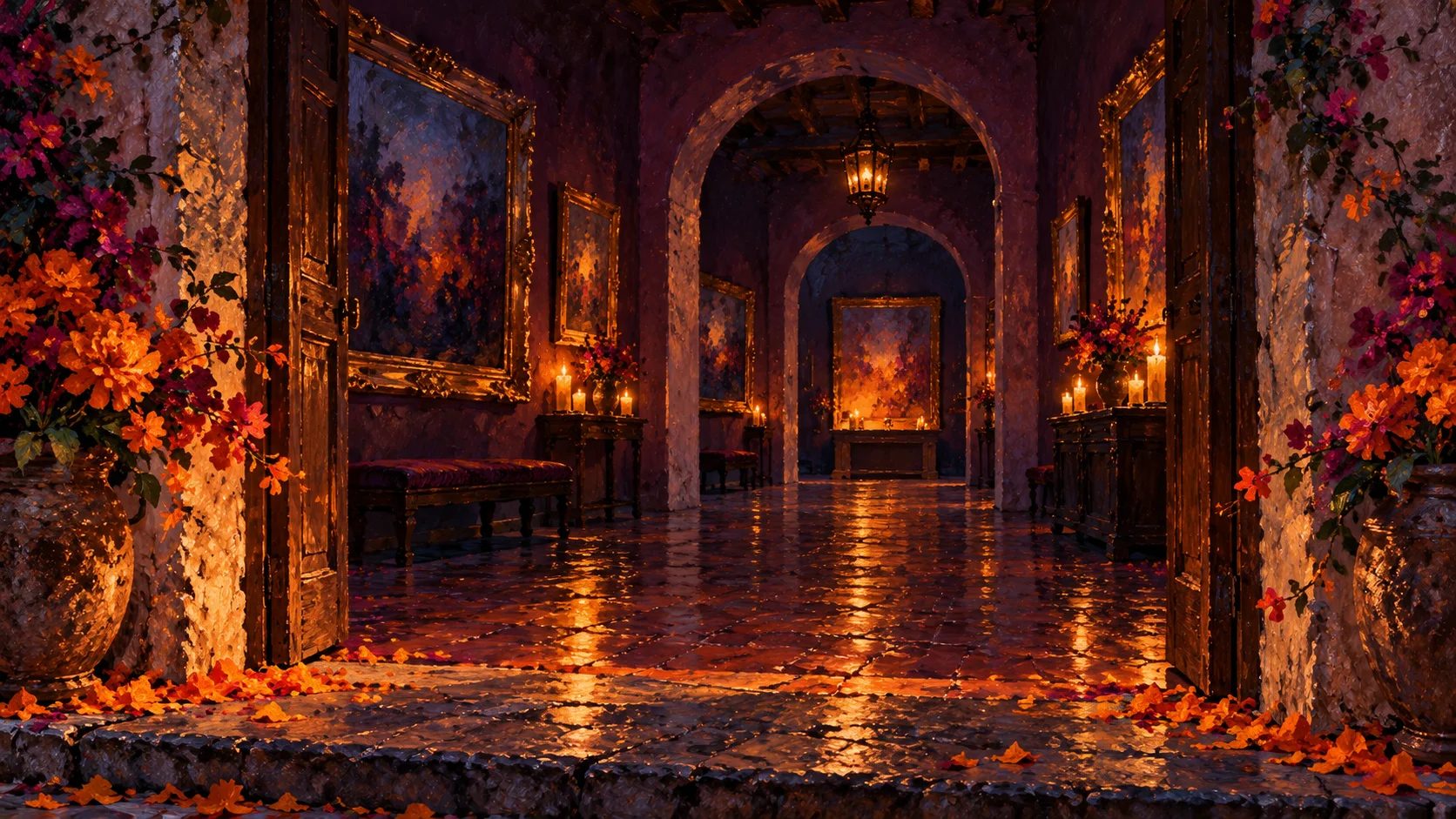 Pintura de una galería en penumbra: arcos, marcos dorados y luz ámbar entre flores anaranjadas.